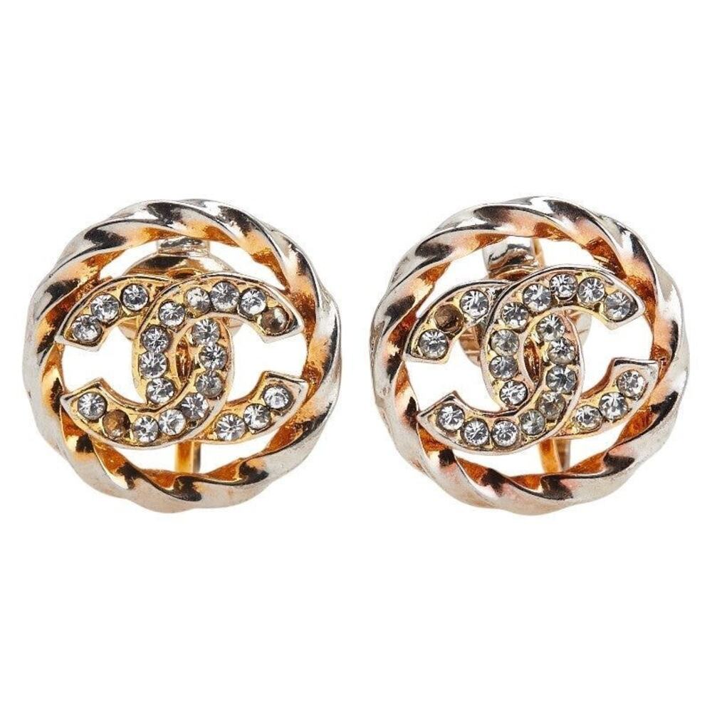 Chanel CC Logo Rhinestone Round Metal Plating Earrings Silver